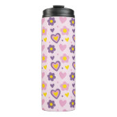 Retro Bloemen Harten Patroon roze, Paarse, geel Thermosbeker (Voorkant)