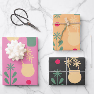 Retro Bloemen in Pot Geel Tuinpatroon Inpakpapier Vel
