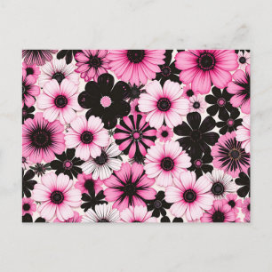 Retro bloemen in roze en zwart briefkaart