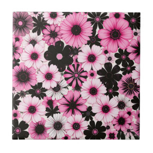 Retro bloemen in roze en zwart tegeltje