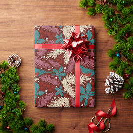 Retro Bloemen Kerst Rood Blauwgroen Patroon Cadeaupapier
