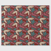 Retro Bloemen Kerst Rood Blauwgroen Patroon Cadeaupapier (Vlak)