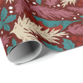 Retro Bloemen Kerst Rood Blauwgroen Patroon Cadeaupapier (Rol Hoek)