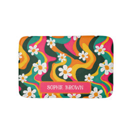 Retro Bloemen Kleurrijk 70s Patroon met Naam Badmat
