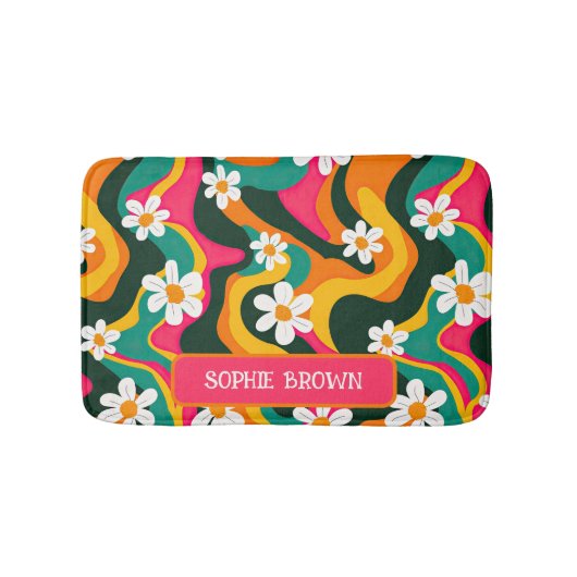 Retro Bloemen Kleurrijk 70s Patroon met Naam Badmat (Voorkant)