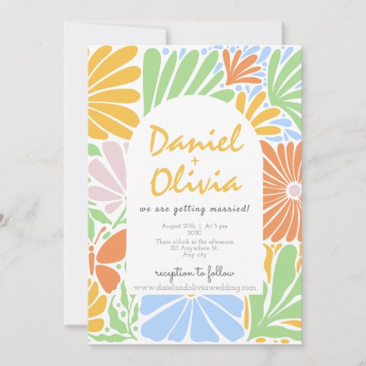 Retro Bloemen Lijst Kleurrijke bruiloft Kaart (Voorkant)