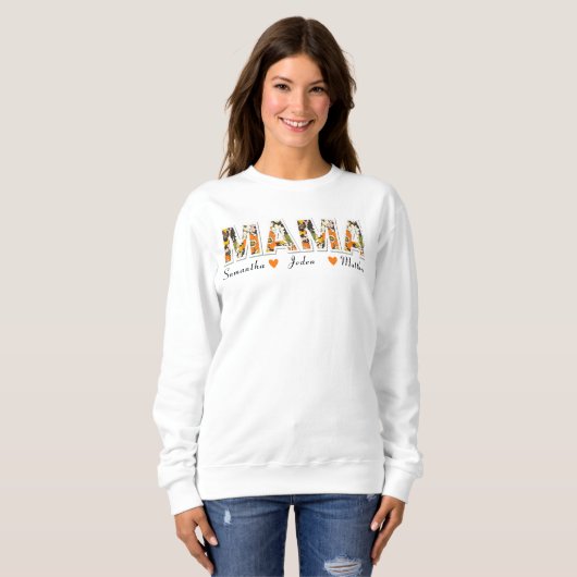 Retro Bloemen "MAMA" Sweatshirt met namen van Kind (Voorkant volledig)