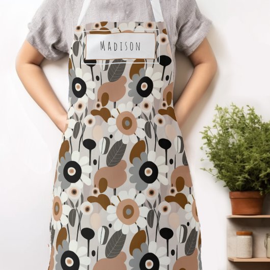 Retro Bloemen Midden-eeuws Modern Naam Schort