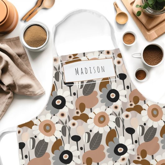 Retro Bloemen Midden-eeuws Modern Naam Schort