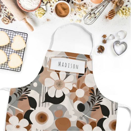 Retro Bloemen Midden-eeuws Modern Naam Schort