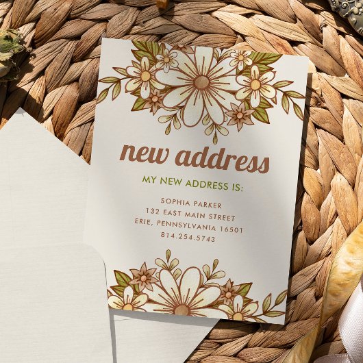 Retro Bloemen | Nieuw adres Verhuisaankondiging Briefkaart