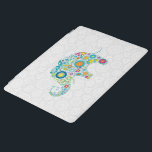 Retro Bloemen Olifant Witte Damasken iPad Cover<br><div class="desc">Retro bloemen in de vorm van een olifant over witte geometrische cirkels damast.</div>