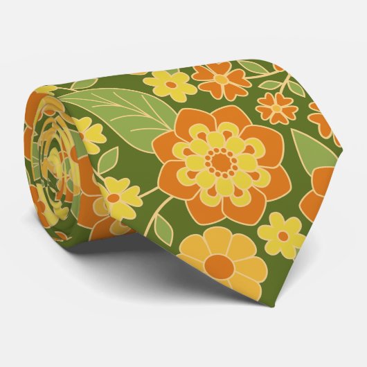Retro Bloemen - olijfgroen sinaasappel Stropdas (Opgerold)