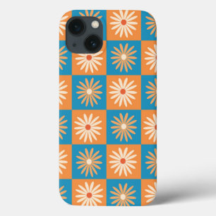 Retro bloemen op blauwe en oranje ruitjes  Case-Mate iPhone case