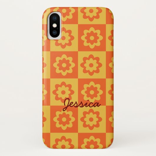 Retro Bloemen op Geruit Geel Oranje Aangepast Case-Mate iPhone Case (Achterkant)
