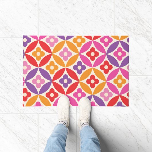 Retro Bloemen op Mid Century Circles Patroon Deurmat (Binnen)