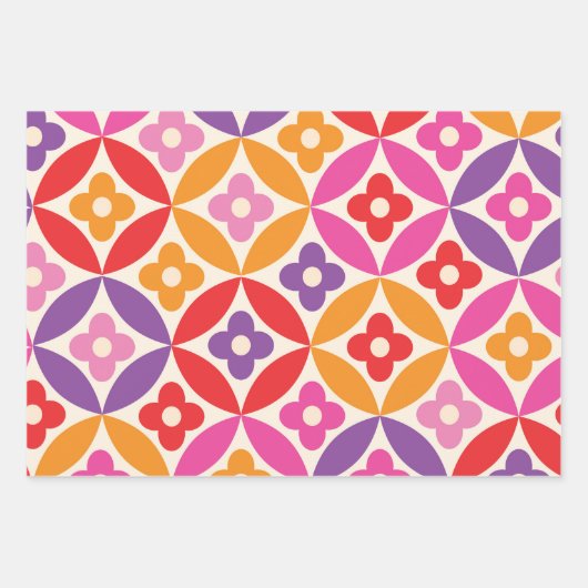 Retro Bloemen op Mid Century Circles Patroon Inpakpapier Vel (Voorkant)
