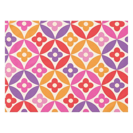 Retro Bloemen op Mid Century Circles Patroon Tafelkleed (Voorkant (Horizontaal))
