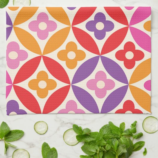 Retro Bloemen op Mid Century Circles Patroon Theedoek (Gevouwen)