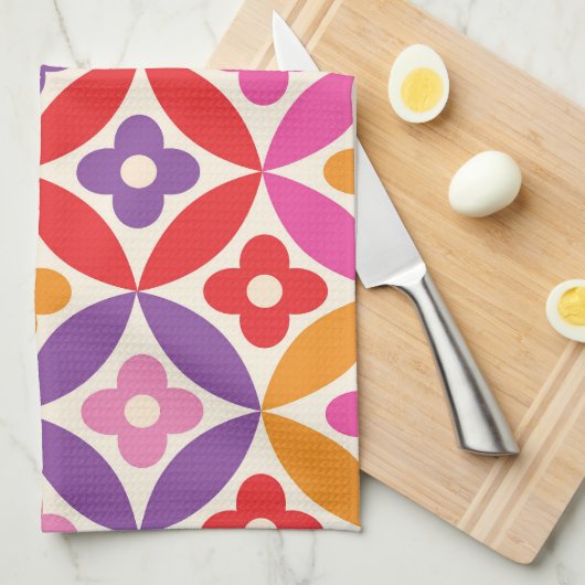 Retro Bloemen op Mid Century Circles Patroon Theedoek (Quarter Fold)