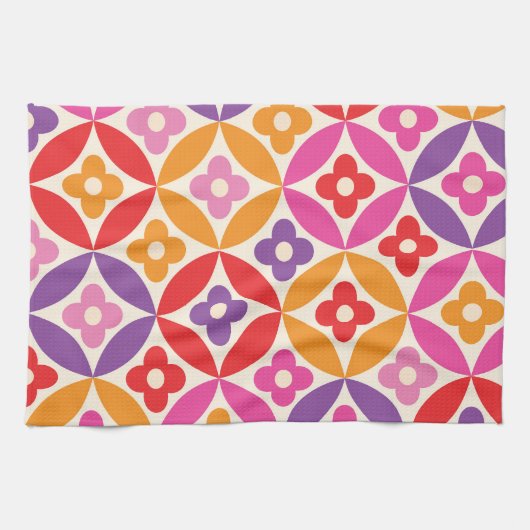 Retro Bloemen op Mid Century Circles Patroon Theedoek (Horizontaal)