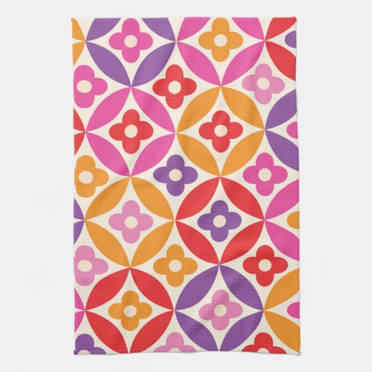 Retro Bloemen op Mid Century Circles Patroon Theedoek (Verticaal)