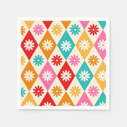 Retro bloemen op Mid Century Diamonds patroon Servet (Voorkant)
