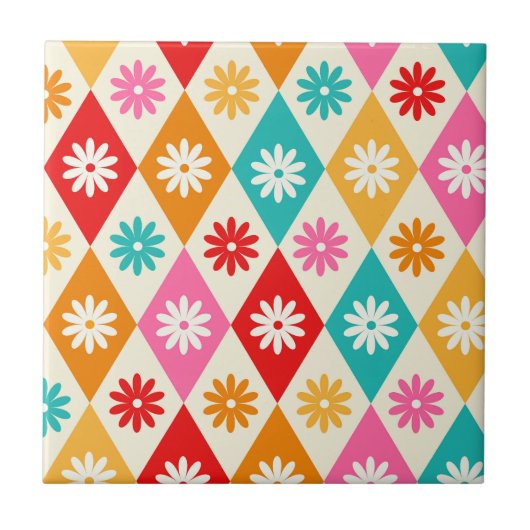Retro Bloemen op Mid Century Harelquin Diamonds Tegeltje (Voorkant)