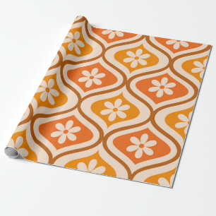 Retro bloemen op oranje en amber ogee patroon cadeaupapier