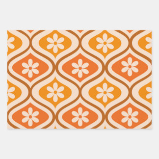 Retro bloemen op oranje en amber ogee patroon inpakpapier vel