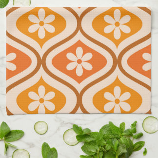 Retro bloemen op oranje en amber ogee patroon theedoek