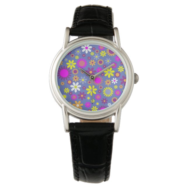 Retro Bloemen op Paarse dameshorloge Horloge (Voorkant)