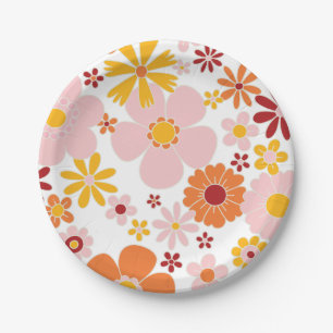 Retro bloemen oranje roze verjaardags papieren bor bordje