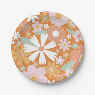 Retro bloemen oranje roze verjaardags papieren bor bordje
