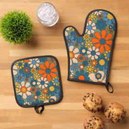 Retro Bloemen Patroon 60s 70s Esthetisch Ovenwant & Pannenlap Set