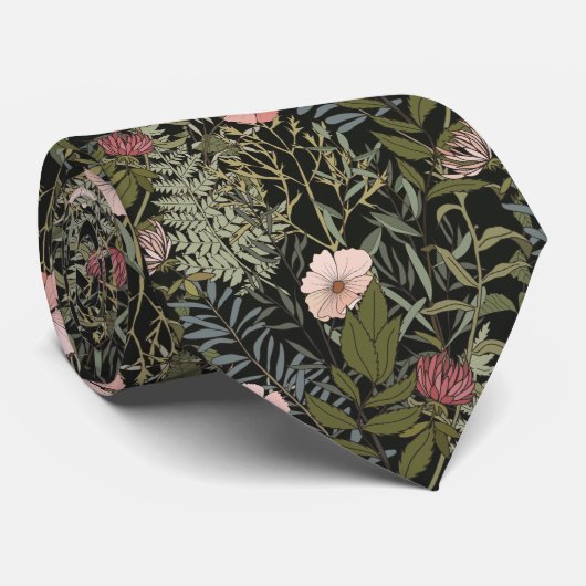 Retro Bloemen Patroon Donkere bladeren en bloemen Stropdas (Opgerold)