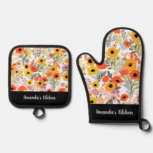 Retro Bloemen Patroon Gepersonaliseerde Naam Keuke Ovenwant & Pannenlap Set (Voorkant)