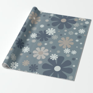 Retro Bloemen Patroon in staal blauw en taupe Cadeaupapier