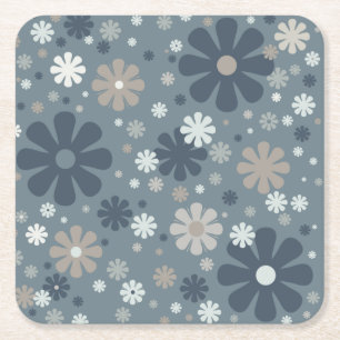 Retro Bloemen Patroon in Staal Blauw Kartonnen Onderzetters