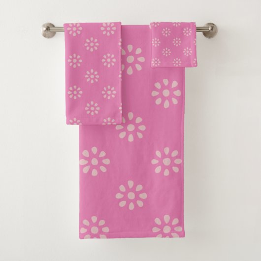Retro Bloemen Patroon Roze Groovy Boho Esthetisch Bad Handdoek (Insitu)