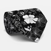 Retro Bloemen Patroon Zwart & Wit Stropdas (Opgerold)