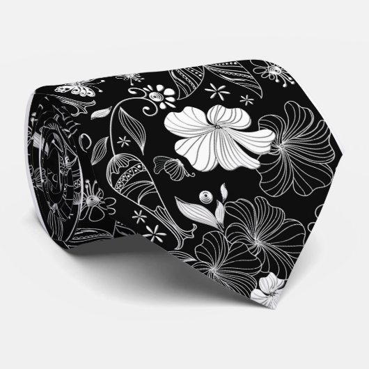 Retro Bloemen Patroon Zwart & Wit Stropdas (Opgerold)