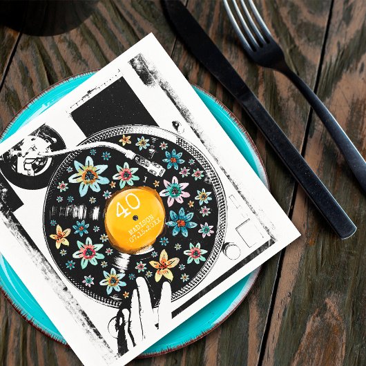 Retro Bloemen Platenspeler Vinyl Verjaardag Gepers Servet