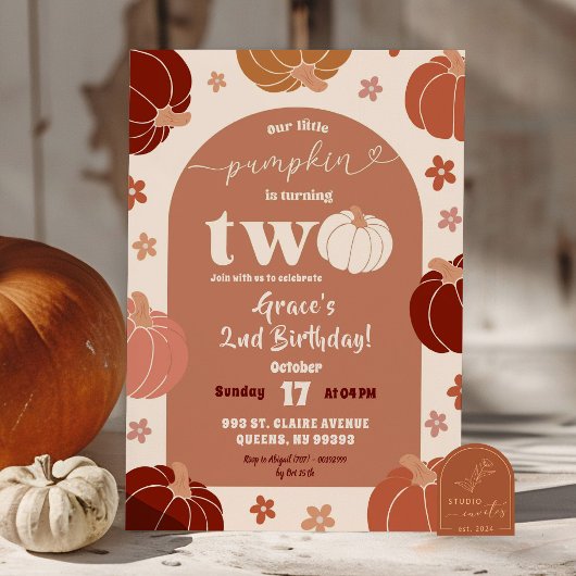 Retro Bloemen Pompoen Boog 2e Verjaardag Meisje Kaart