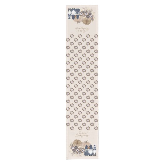 Retro Bloemen Pompoenen Denim Gnomes Thanksgiving Korte Tafelloper (Voorkant)