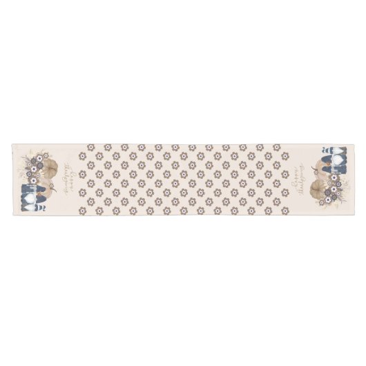 Retro Bloemen Pompoenen Denim Gnomes Thanksgiving Korte Tafelloper (Horizontaal)