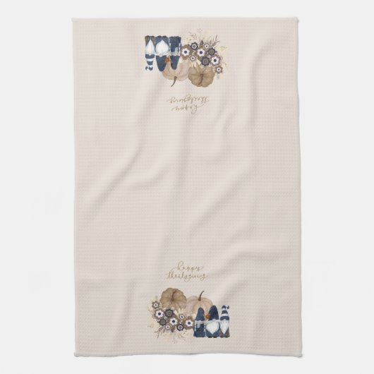 Retro Bloemen Pompoenen Denim Gnomes Thanksgiving Theedoek (Verticaal)