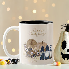 Retro Bloemen Pompoenen Denim Gnomes Thanksgiving Tweekleurige Koffiemok