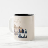 Retro Bloemen Pompoenen Denim Gnomes Thanksgiving Tweekleurige Koffiemok (Voorkant links)