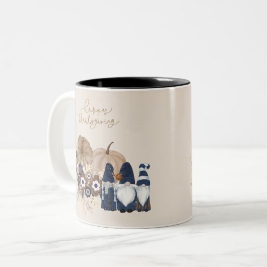 Retro Bloemen Pompoenen Denim Gnomes Thanksgiving Tweekleurige Koffiemok (Voorkant links)